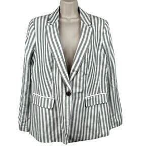 LOFT Striped Modern Blazer Jacket Linen Green White 10 Coastal Preppy Office